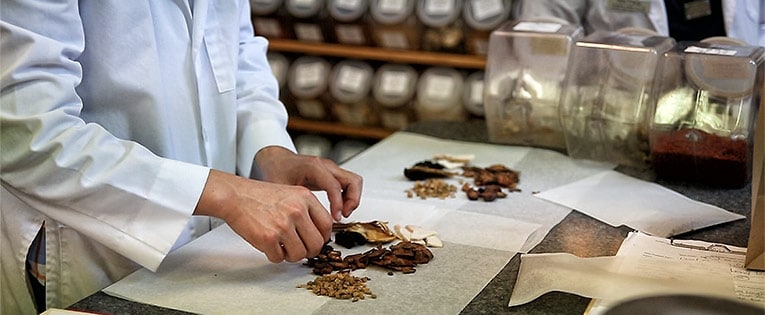 Picture of a student practitioner preparing an herbal formula.